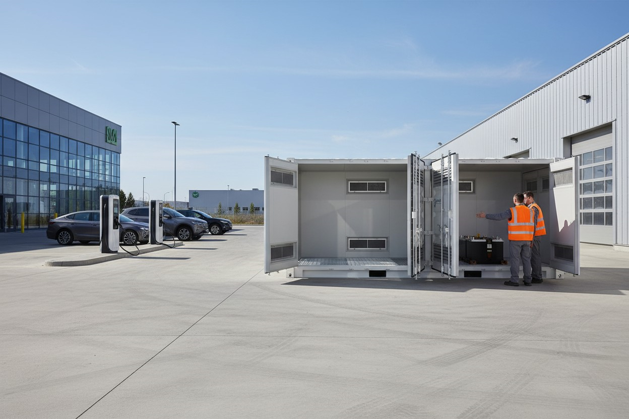 Guard 3480 storage container outside an EV battery service centre, with a worker in a high-visibility vest