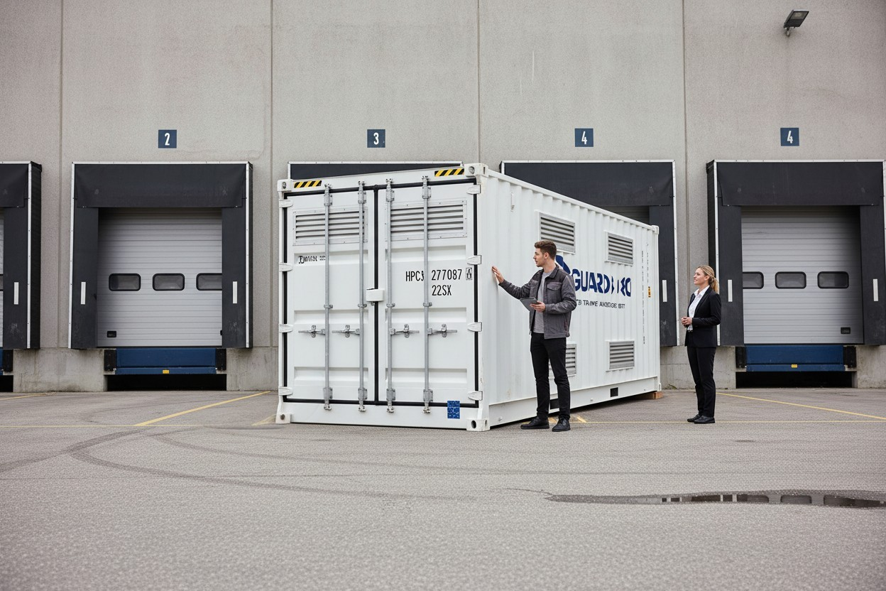 Guard 3480 insulated lithium battery storage container outside a warehouse