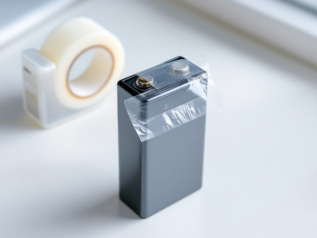Clear tape applied over the terminals of a 9V battery before recycling